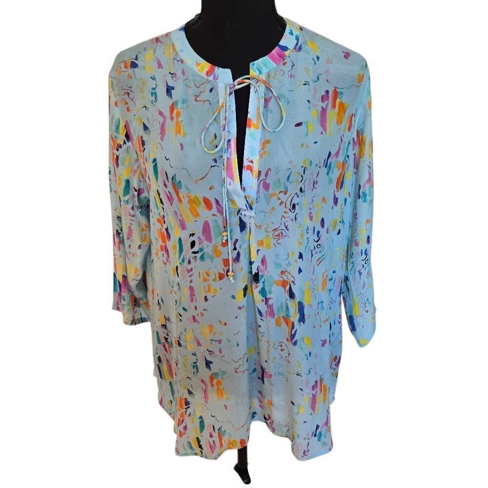APNY Womens Watercolor Print Tie Neck 3/4 Sleeve Blouse Top Blue Size Medium